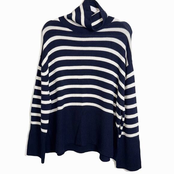 GAP NWT 24/7 Split‑Hem Stripe Turtleneck Sweater Women’s Medium 100% Cotton Navy - Picture 9 of 12